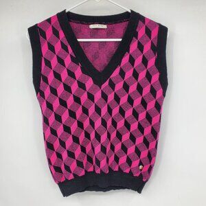 Fly Girl Italy Hot Pink and Black V Neck Geometric Y2K Look Sweater Vest Small